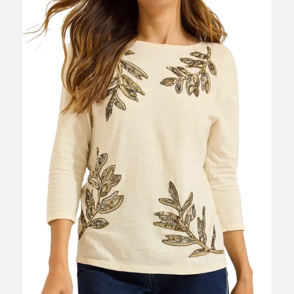 Tommy Bahama Tops - Tommy Bahama Forever Fronds Sequin Embellished Cream Top 100% Organic Cotton